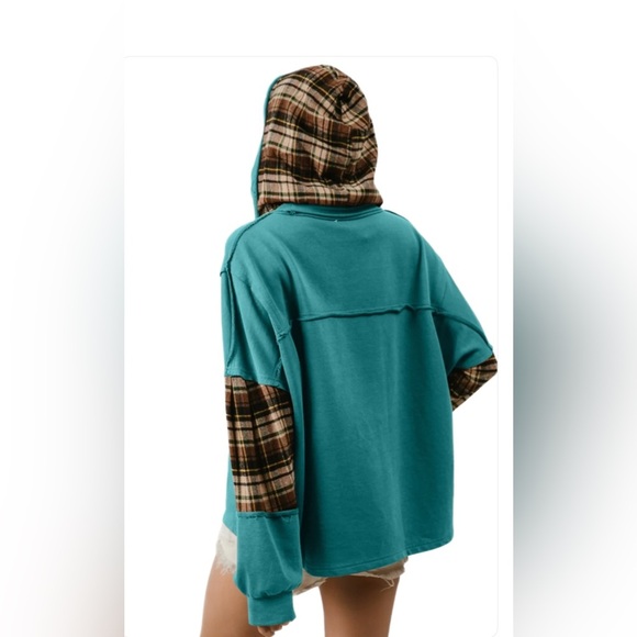 NWT Women’s Double Take Drawstring Plaid Star Patch Long Sleeve Hoodie XL Teal - Picture 3 of 3